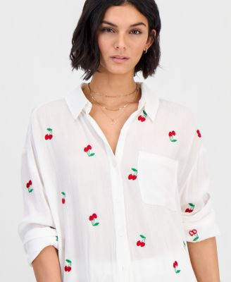 Miken Women's Cherry Embroidered Button-Down Swim Shirt - Macy's | Macy's