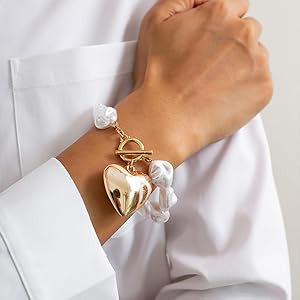 Baroque Pearls Puffy Heart Bracelets for Women Chunky Gold Geometric Pearl Love Shaped Bracelet L... | Amazon (US)