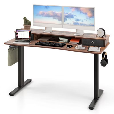 Costway 55"x 24" Electric Standing Desk with 2 Drawers Monitor Stand Storage Shelf Brown | Target