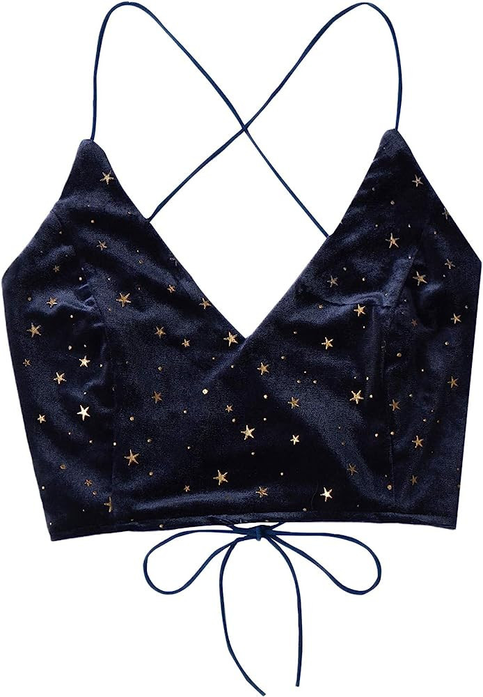 Verdusa Women's Velvet Galaxy Print Crisscross Back Spaghetti Strap Crop Cami Top | Amazon (US)