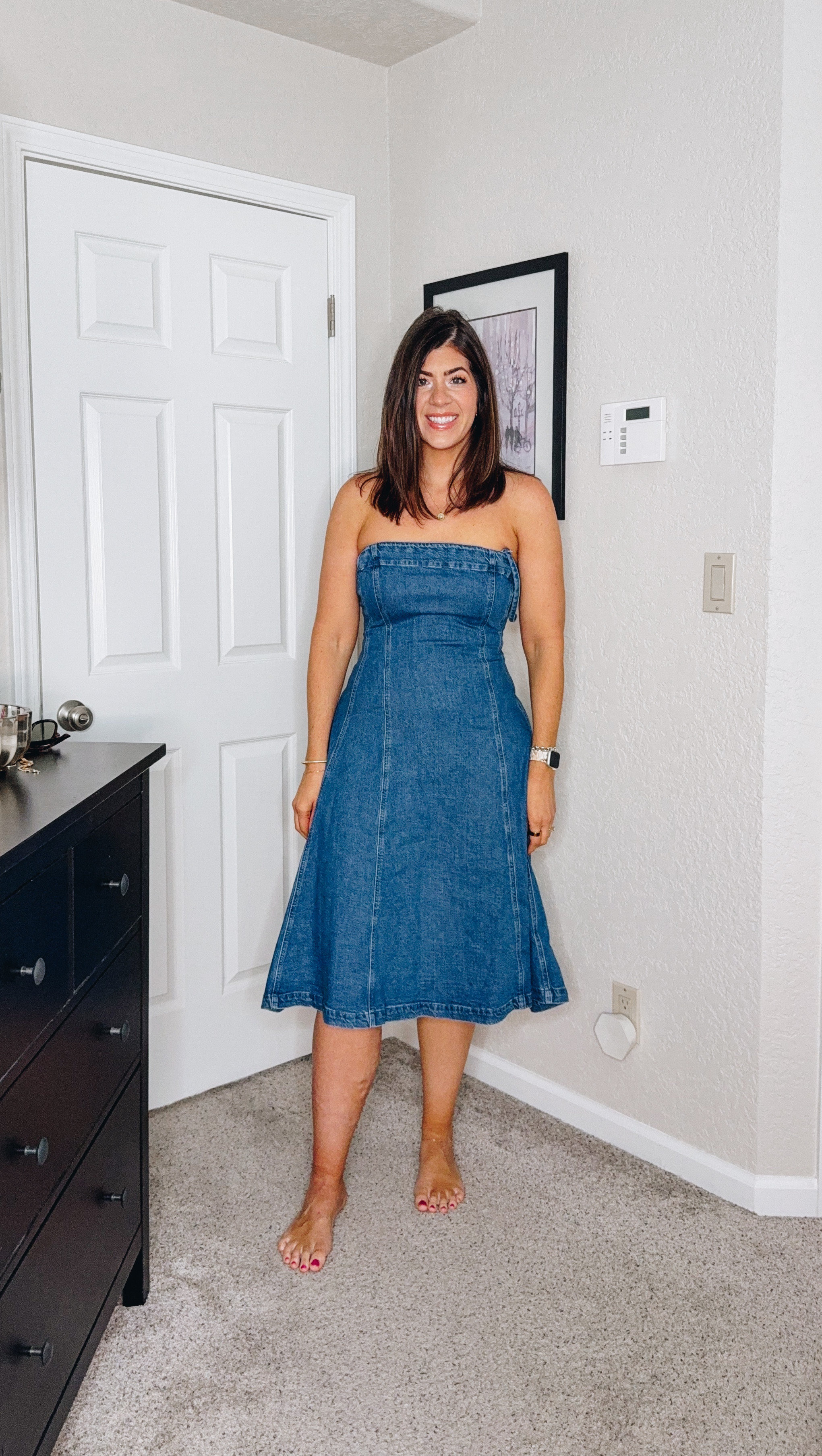 In a medium tall denim dress 

#LTKMidsize #LTKSaleAlert #LTKFindsUnder50