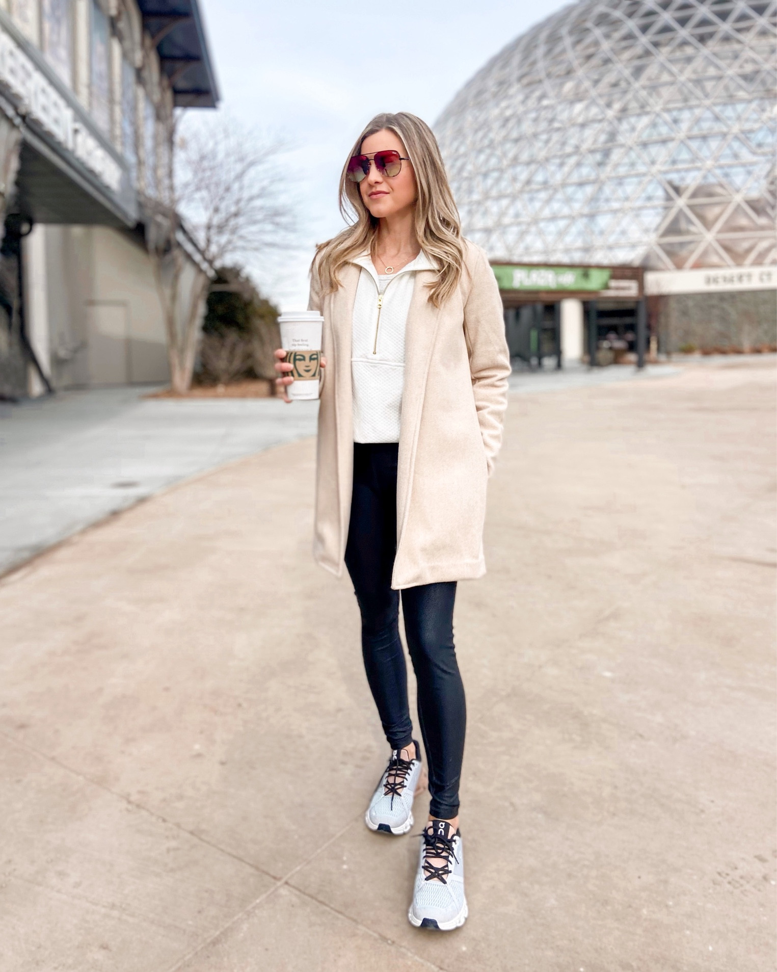 J. Crew White Half-Zip Pullover
Banana Republic Coatigan
Faux Leather Leggings
On Cloud Sneakers
Quay High Key Aviator Sunglasses

#LTKsalealert #LTKunder100 #LTKstyletip