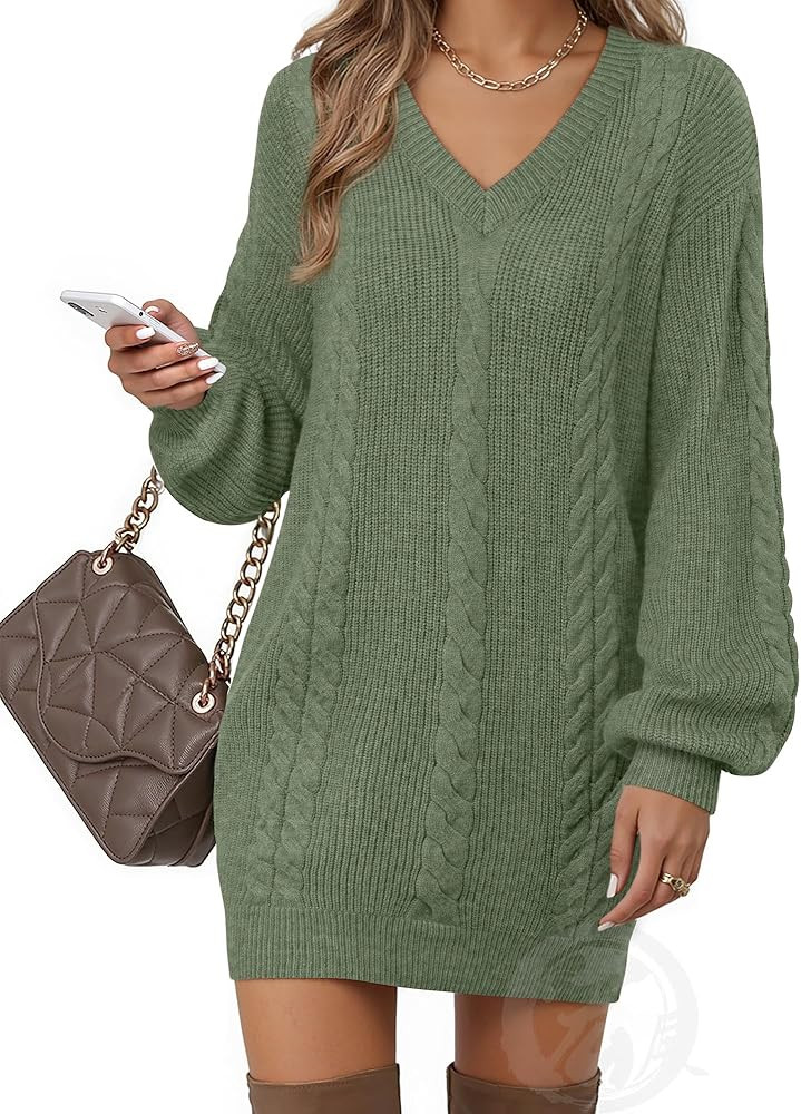 Women's Pullovers Jumper Sweaters Lantern Sleeve Casual V Neck Fall Knit Mini Sweater Dresses | Amazon (US)