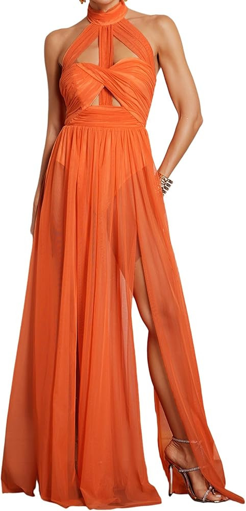 BELLA BARNETT Orange Twist Halter Dress Sexy Cutout Corset | Amazon (US)