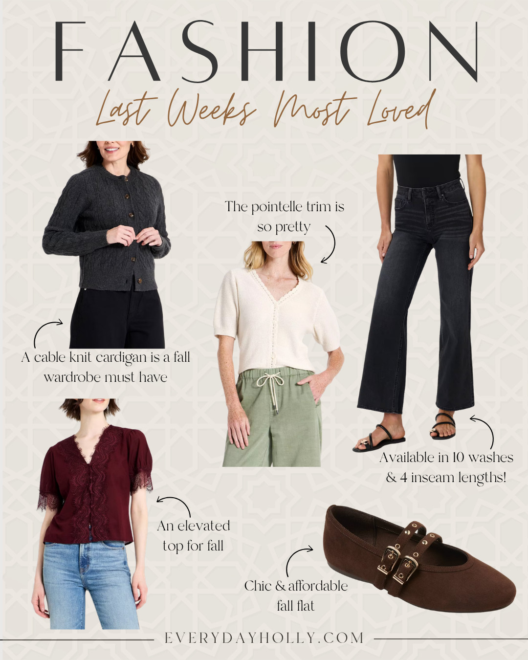 Last week’s most loved fashion finds 🤎 The cable knit cardigan, pointelle sweater and lace top are such pretty layers for fall, plus the black wide leg jeans come in 10 washes and 4 inseam lengths! And those chocolate brown flats are such a cute finishing touch.

fall fashion, fall best sellers, cable knit cardigan, pointelle sweater, lace top, black wide leg jeans, petite jeans, brown flats, fall outfit ideas, petite fall fashion, EverydayHolly 

 #LTKootd #LTKSeasonal #LTKOver40