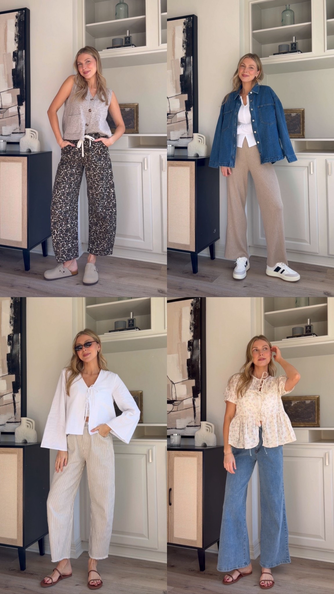 Easy everyday mom outfit ideas!! Stretchy pants and nursing friendly! Size S in cardigan, leopard pants, long sleeve, denim jacket, white linen top, stripe jeans, floral top, M in knit pants, and 4 in blue jeans. 

#LTKmomlife #LTKootd