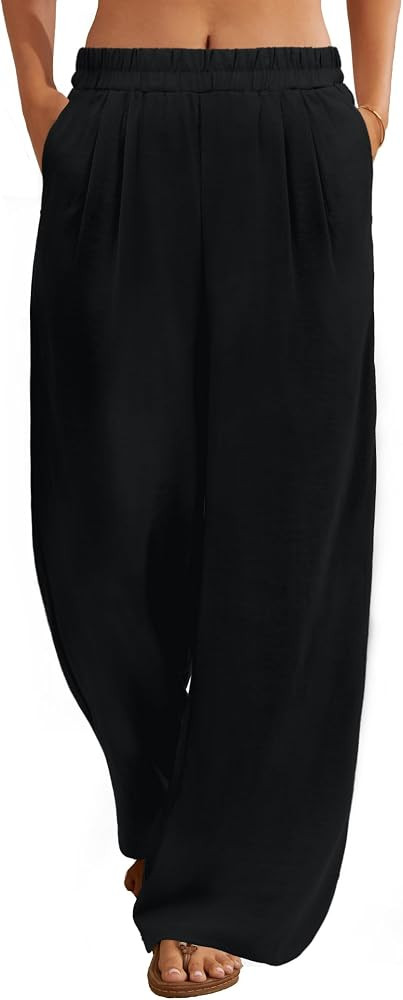 FireSwan Linen Pants Women Wide Leg Palazzo Pants Flowy Elastic Waist Summer Beach Casual Trouser... | Amazon (US)