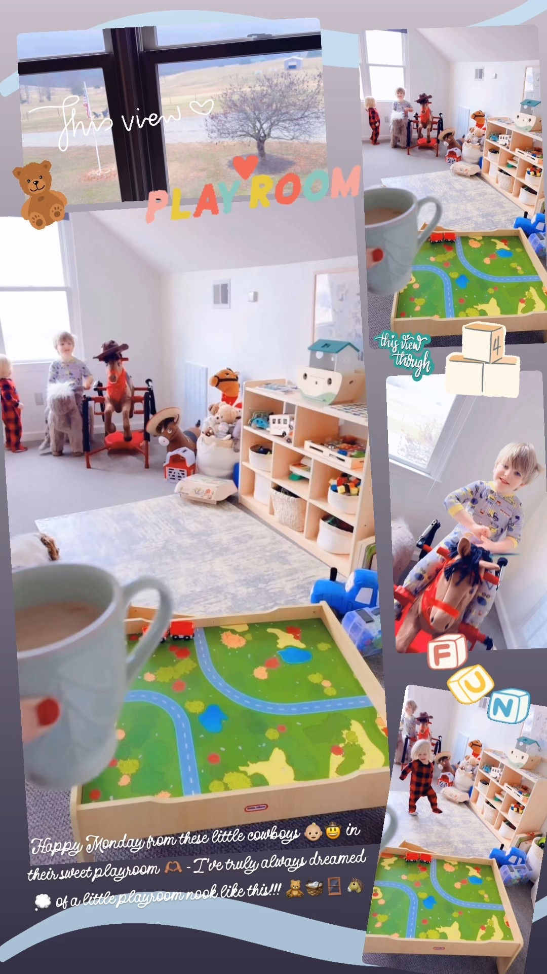 Happy Monday from these little cowboys 👶🏼🤠 in their sweet playroom 🫶🏽 - I’ve truly always dreamed 💭 of a little playroom nook like this!!! 🧸🧺🪟🐴