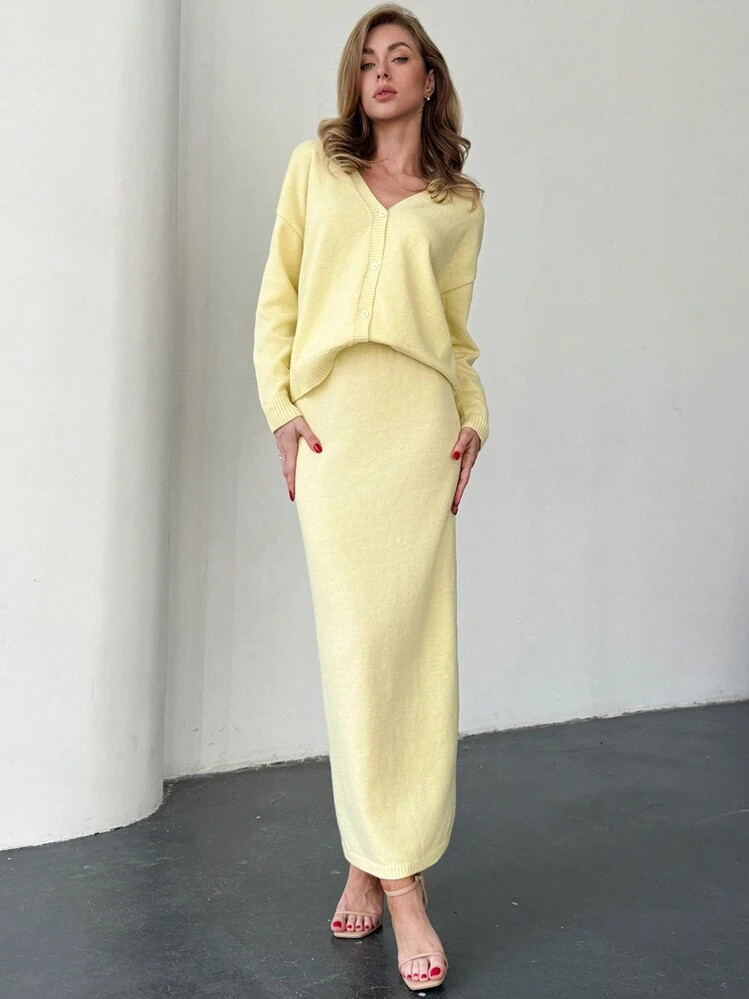 Firerie 2 stuks Casual Elegante Forensen Dames Outfit: Losse Knoopsluiting Cardigan En Hoge Taill... | SHEIN