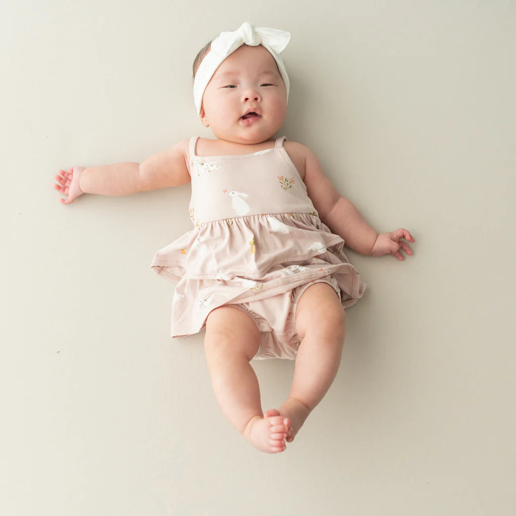 Spaghetti Strap Ruffle Romper in Blush Rabbit | Kyte BABY