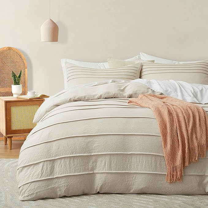 Oli Anderson Beige Duvet Cover Queen Size - Pleated Queen Duvet Cover, 3PCS Soft and Breathable T... | Amazon (US)
