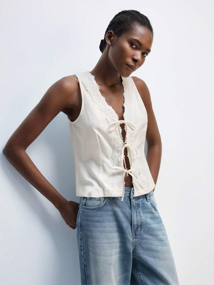 Maija Valentine's Day Ladies Spring And Summer New White Lace Stitching Bow Holiday Elegant Moder... | SHEIN