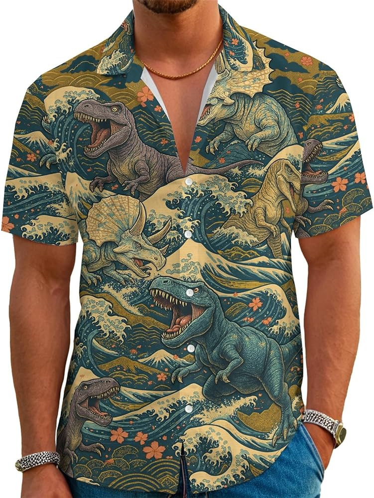 Men's Hawaiian Shirt Funny Dinosaur Aloha Shirt Short Sleeve Casual Button Down Shirt Summer Beac... | Amazon (US)