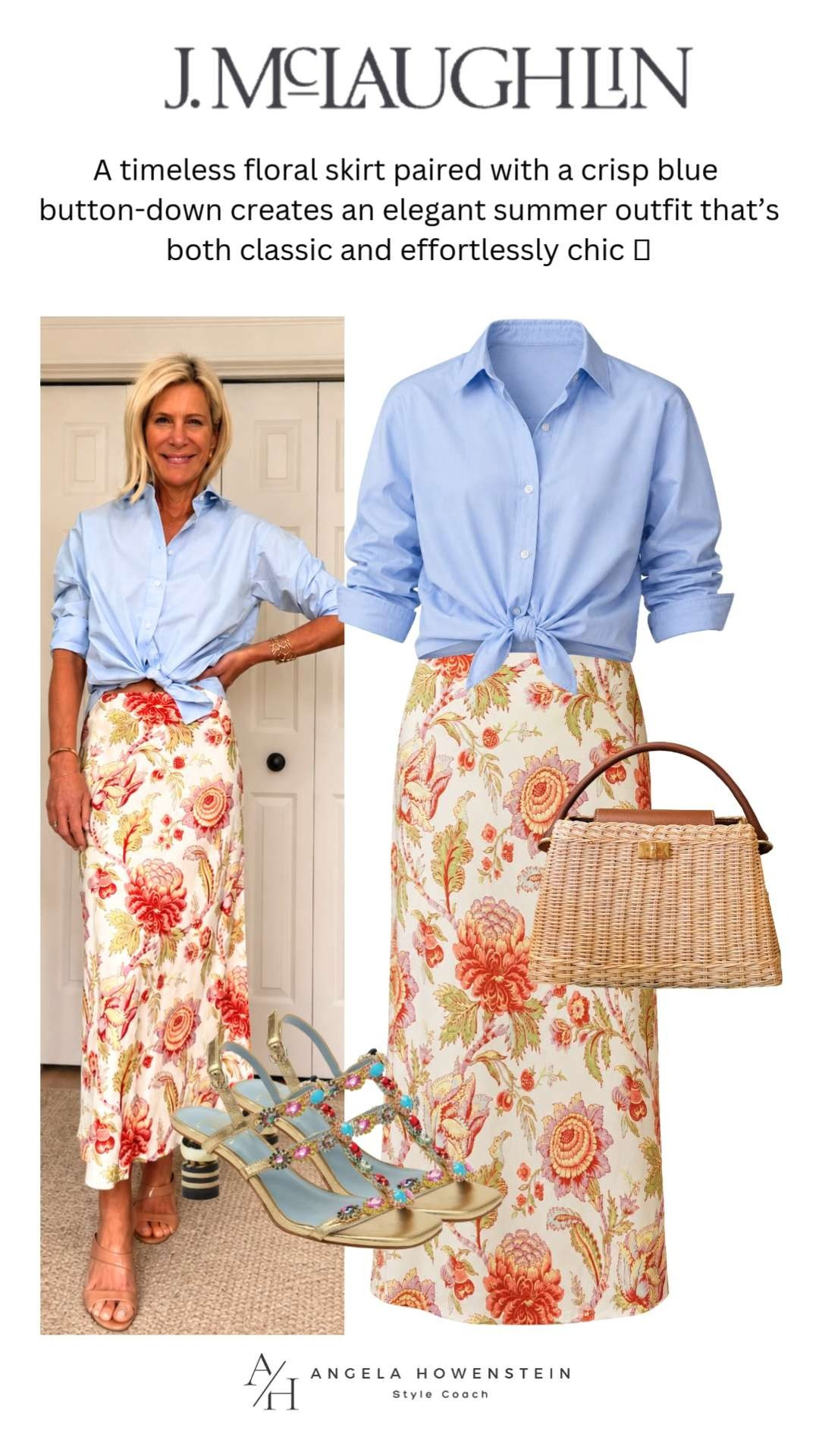 Blue Button Down and Floral Skirt Summer Outfit 

 #LTKootd #LTKSeasonal #LTKOver40