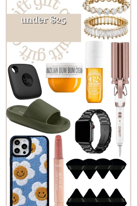 Gift ideas under $25 
Slippers 
Apple Watch band 
Powder sponges
iPhone case 
Hair waver 
Lotion 
Body spray 
Lip balm 
Rings 

#LTKSeasonal #LTKHoliday #LTKGiftGuide