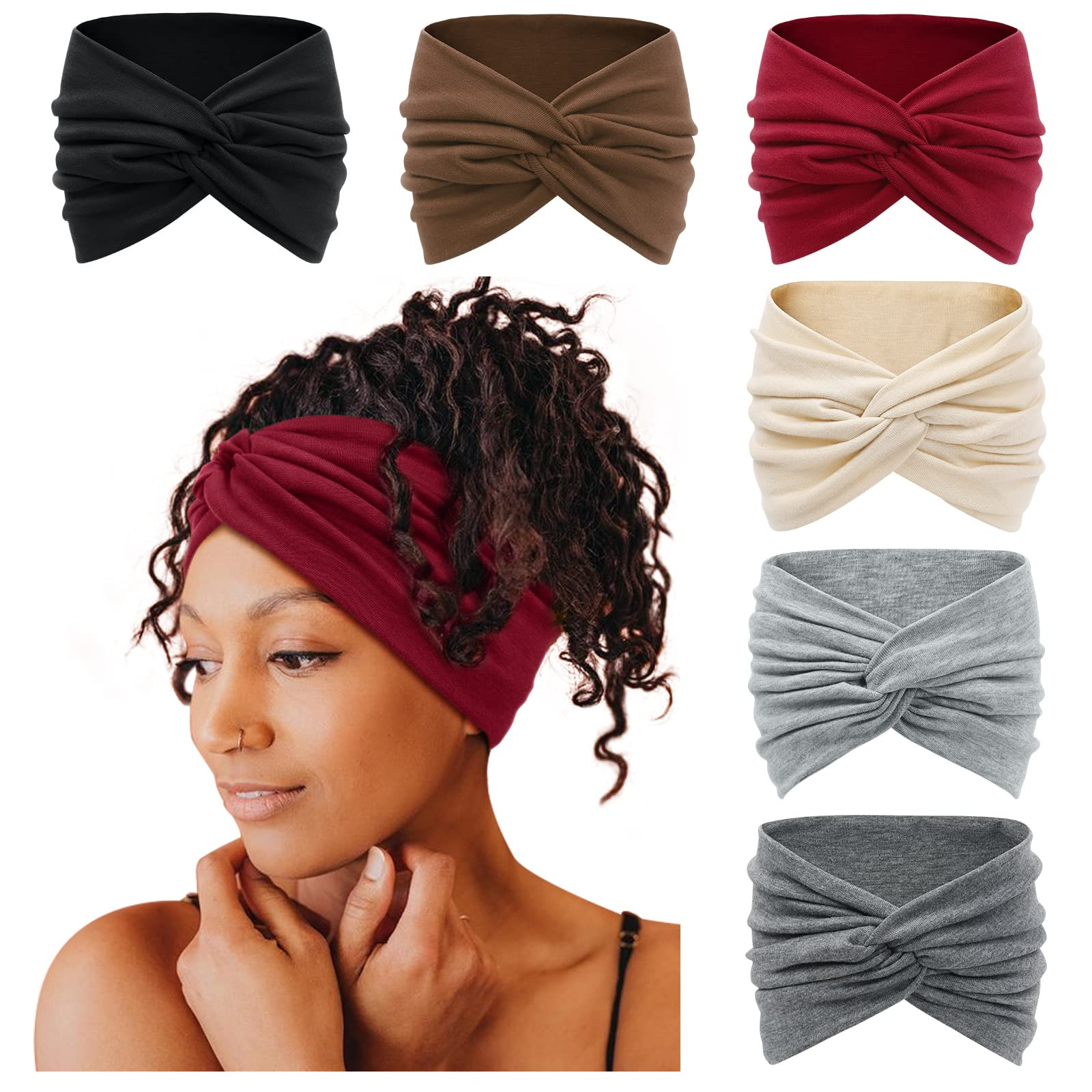 Tobeffect Wide Headbands for Women, 7'' Extra Large Turban Headband Boho Hairband Hair Twisted Knot Accessories, 6 Pack | Amazon (US)