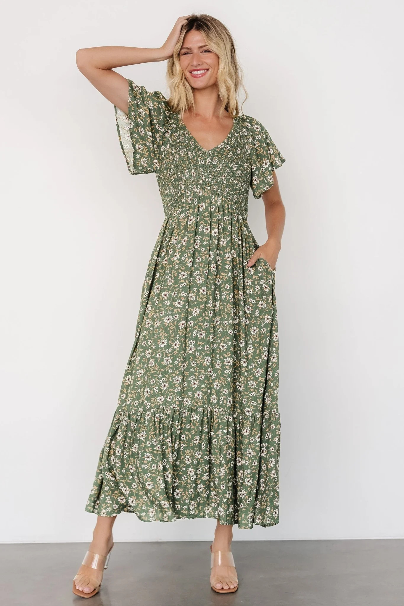 Joanie Smocked Midi Dress, Green Floral | Baltic Born | Baltic Born