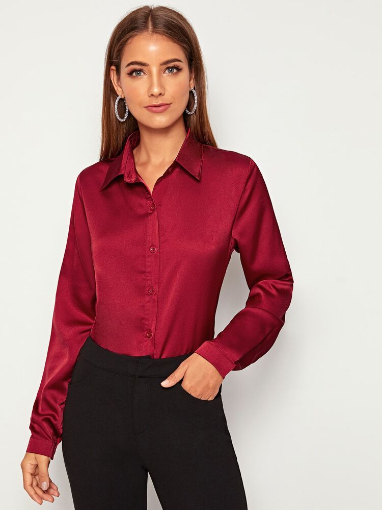 Solid Button Front Satin Shirt | SHEIN