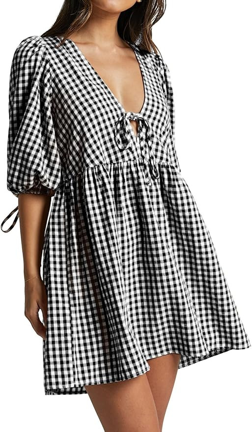 Women's Gingham Puff Sleeve Tie Front Babydoll Mini Dress | Amazon (US)