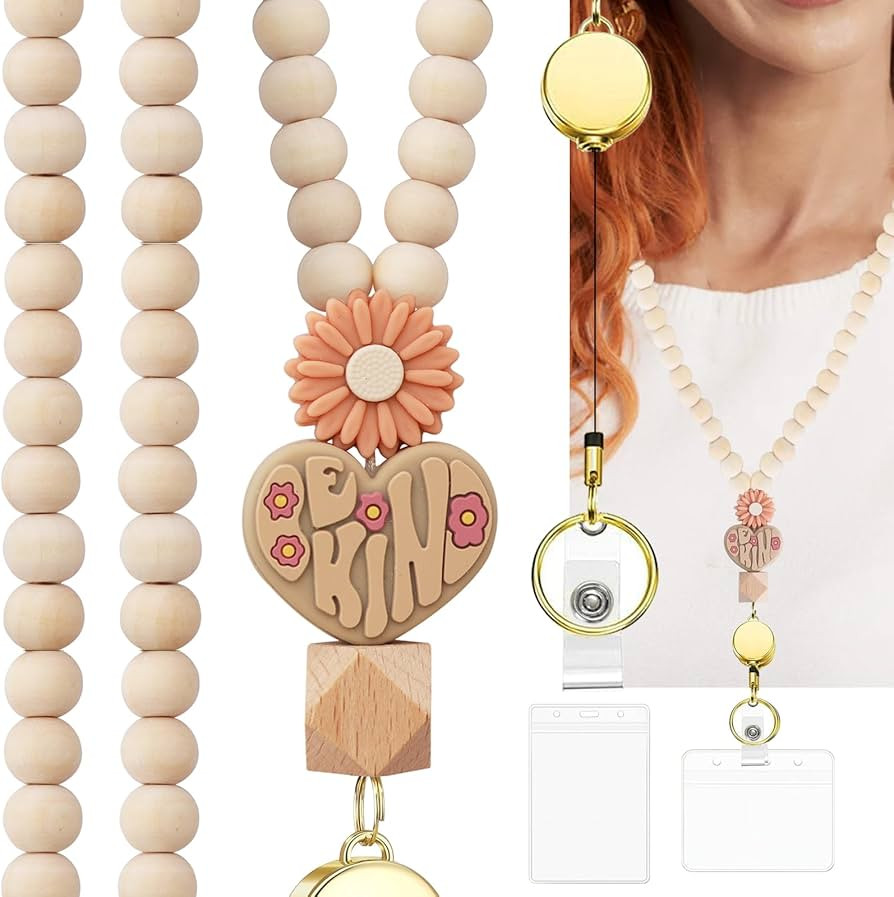 Teacher Lanyard with ID Holder, Wood Beaded Lanyards for Id Badges Keys, Retractable Breakaway Cu... | Amazon (US)