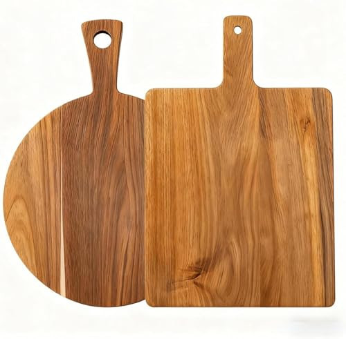 Acacia Wood Cutting Boards Set of 2, Round & Rectangular Wooden Cutting Board with Handle, Charcuterie Cheese Pizza Bread Steak Board, Decorative Wooden Cutting Boards for Kitchen | Amazon (US)