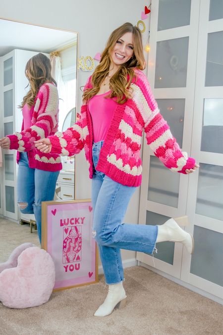 How adorable Is this cardigan for Valentine’s Day!? I’m in the size L/XL for a bit of a more oversized look.
I sized down to a size 26 in the jeans. Boots fit TTS in my experience



#LTKSeasonal #LTKfindsunder50 #LTKstyletip