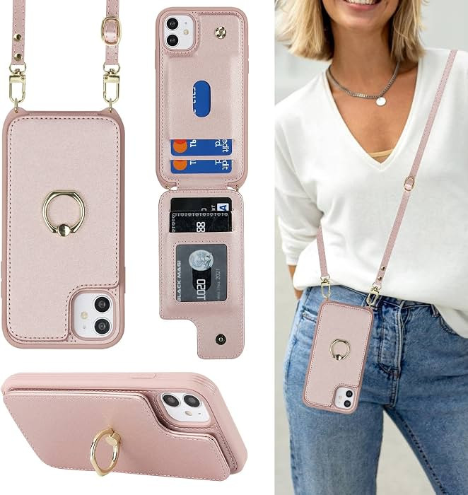 for iPhone 11 Phone Case with Card Holder and Strap for Women,Crossbody Lanyard,Kickstand Ring St... | Amazon (US)