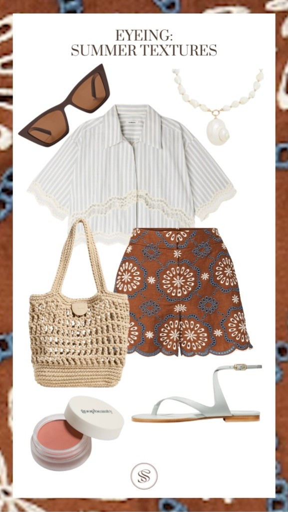 Eyelet shorts
Stripe blouse
Straw bag
Shell necklace