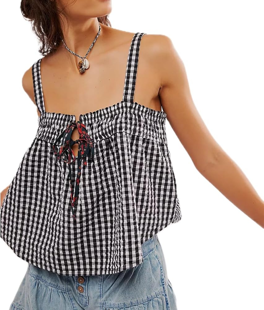 Gingham Crop Tank Tops for Women Y2K Tie Front Peplum Square Neck Plaid Camisoles Girls Summer Cu... | Amazon (US)