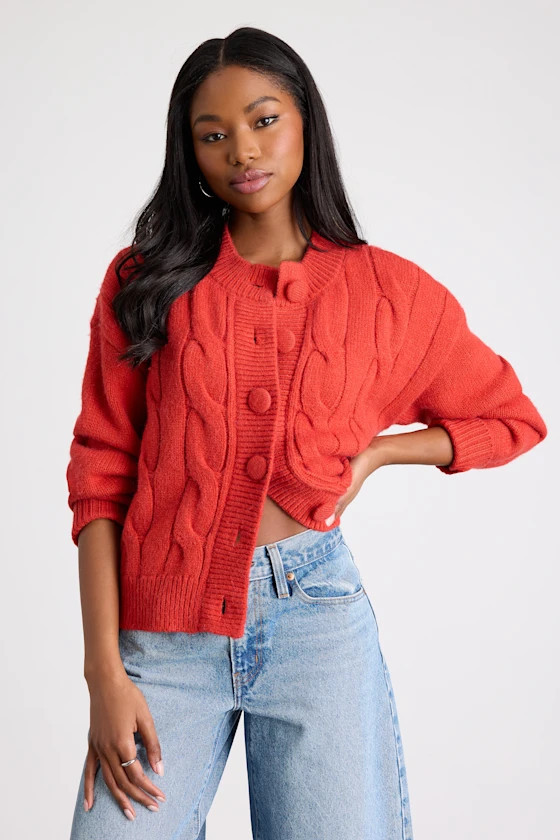Lenorah Red Cable Knit Chunky Cardigan Sweater | Lulus