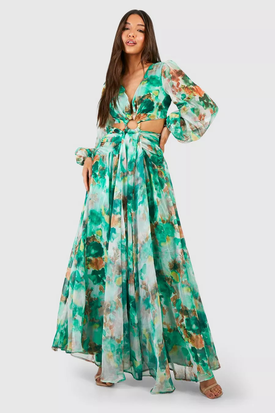 Robe longue fleurie à découpes | Boohoo.com (FR)