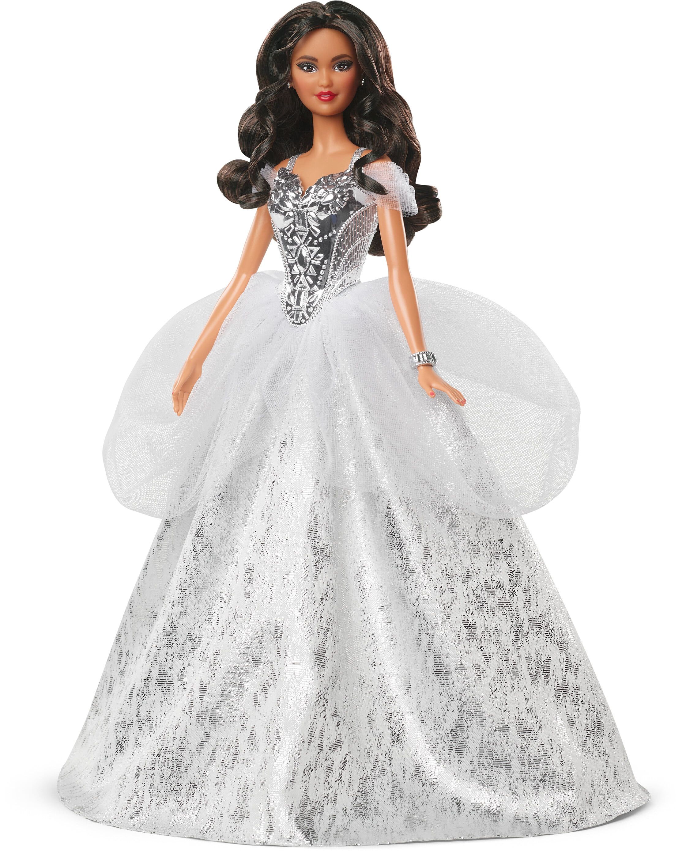 Barbie Signature 2021 Holiday Barbie Doll (12-Inch Brunette Curly Hair) In Silver Gown | Walmart (US)