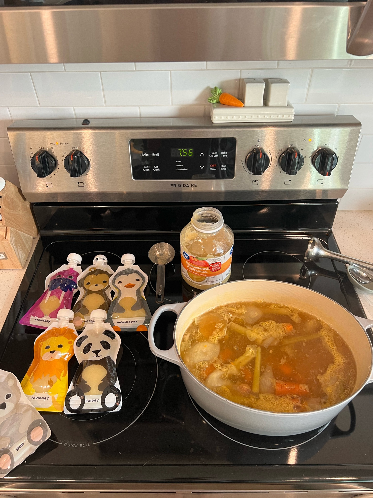 Homemade food for kiddos isn't an all the time thing for us, but I love to put in the work when I have a free morning!

Purees for baby: cut foods and boil in water, then puree and mix with a safe food, like applesauce. here I have carrot, onion, and celery! we freeze the rest of the veggie broth in silicone molds and store in the freezer!!

Pouches for toddler: these reusable pouches are fun and can be washed in the dishwasher! our go-to ones are plain applesauce and oatmeal mixed with plain greek yogurt (recipe on instagram!)

The food prep makes the week so much easier and saves a few bucks!

reusable dishwasher safe baby food toddler pouches | dishwasher safe knife block set | dishwasher safe multi-speed immersion blender | le creuset enamel dutch oven | silicone baby food freezing trays | silicone homemade baby food freezer bags

#LTKbaby #LTKfamily #LTKkids