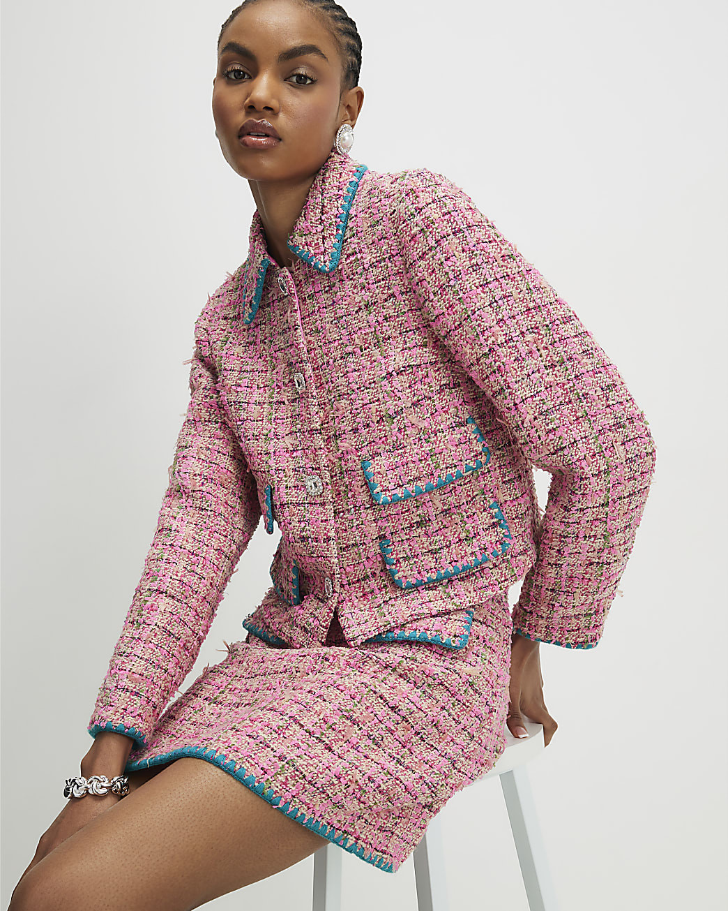 Pink Whipstitch Boucle Trophy Jacket | River Island UK & IE