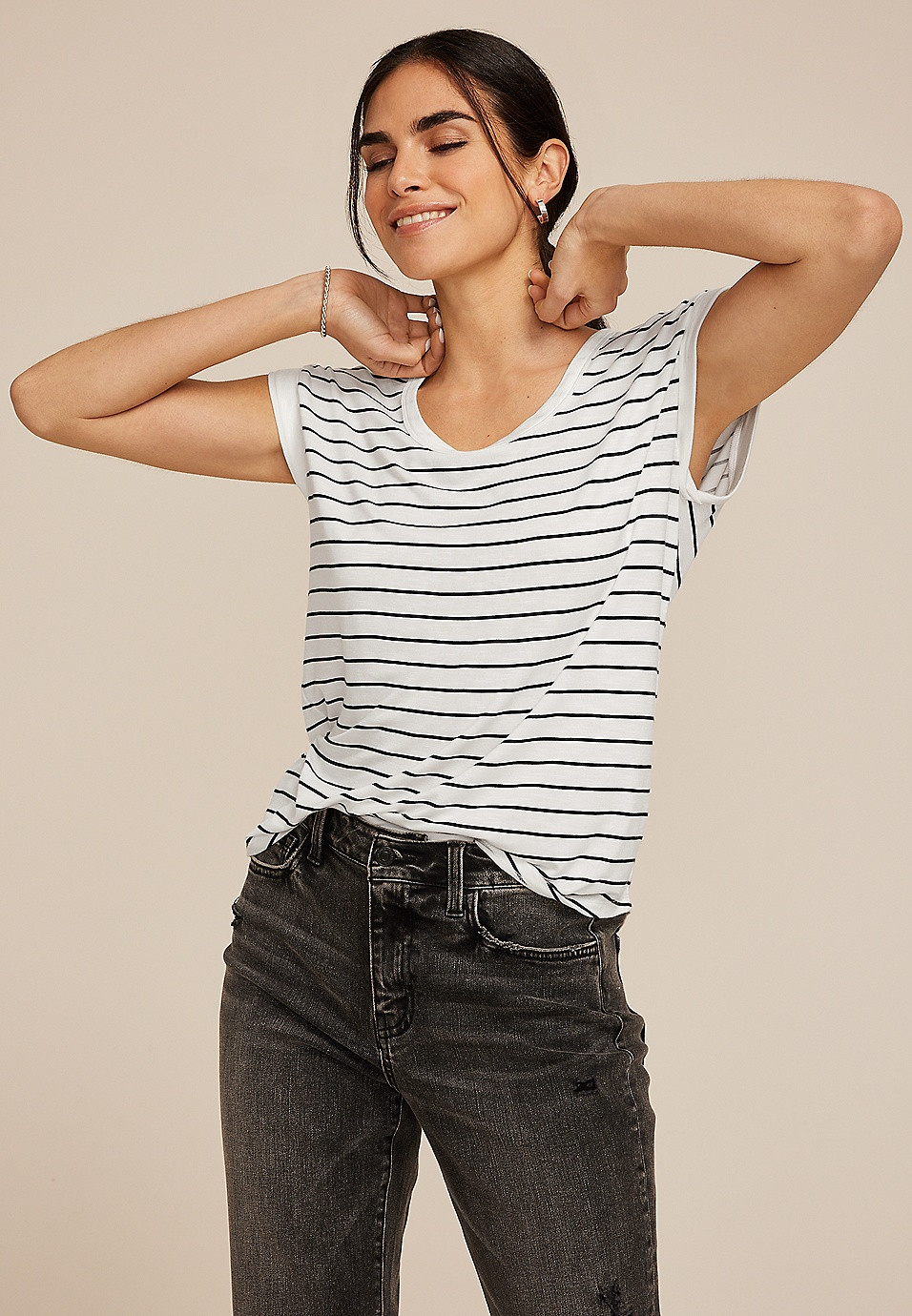Striped Grommet Shoulder Scoop Neck Tee | Maurices