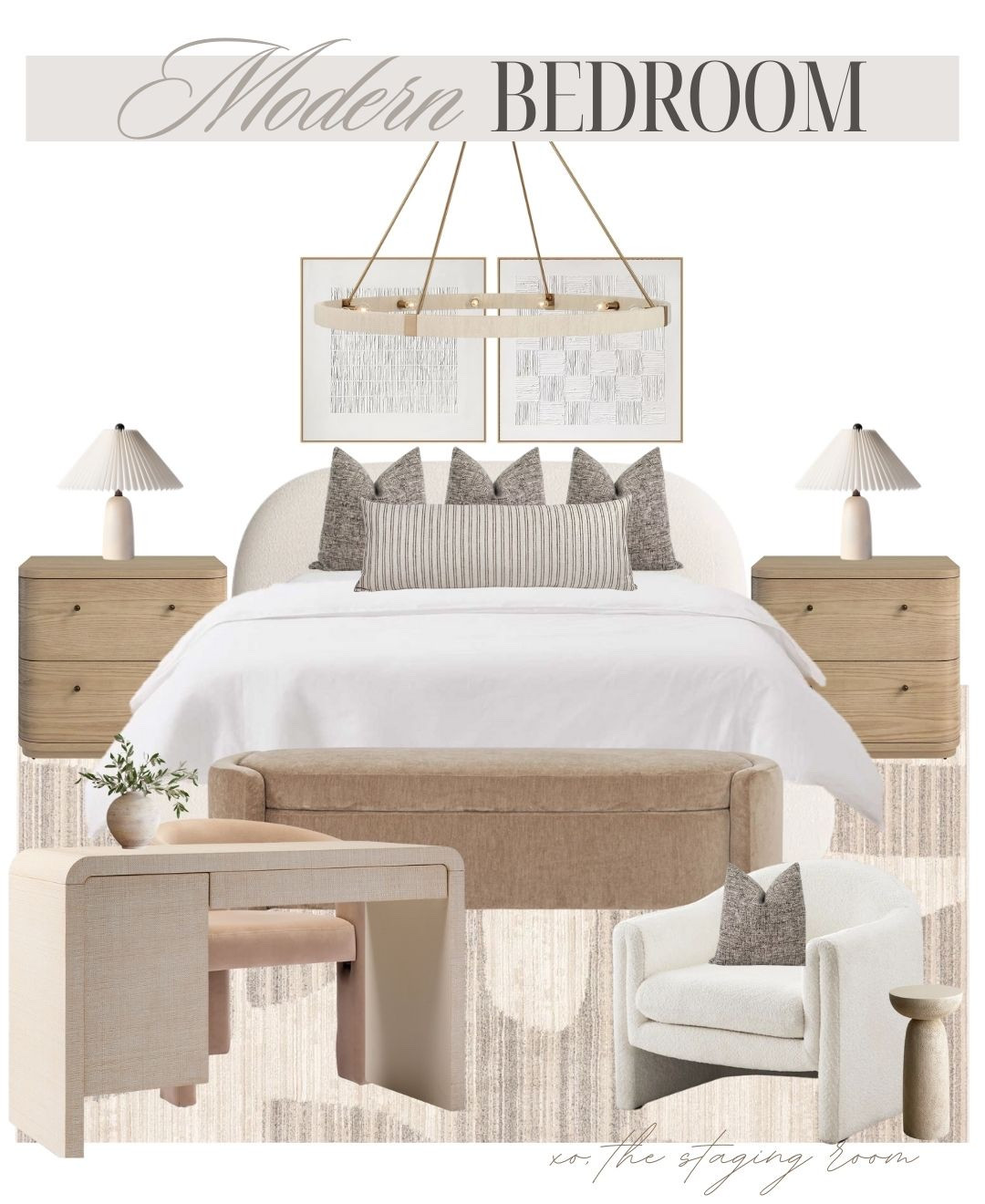 Classic, modern, contemporary bedroom with tons of storage ✨

___

Nightstands, bedroom storage, bedroom dresser, storage bench, accent chair, boucle chair, side table, drink table, pillows, cushion, pillow covers, wall art, chandelier, low bed, upholstered bed, queen bed, king bed, white bed, ivory rug, neutral bedroom.  
