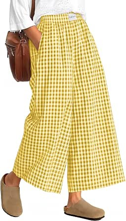 Neer Women's Plaid Gingham Skirt Pants Flowy Oversized Wide Leg Culottes Elastic Waist Palazzo Ca... | Amazon (US)