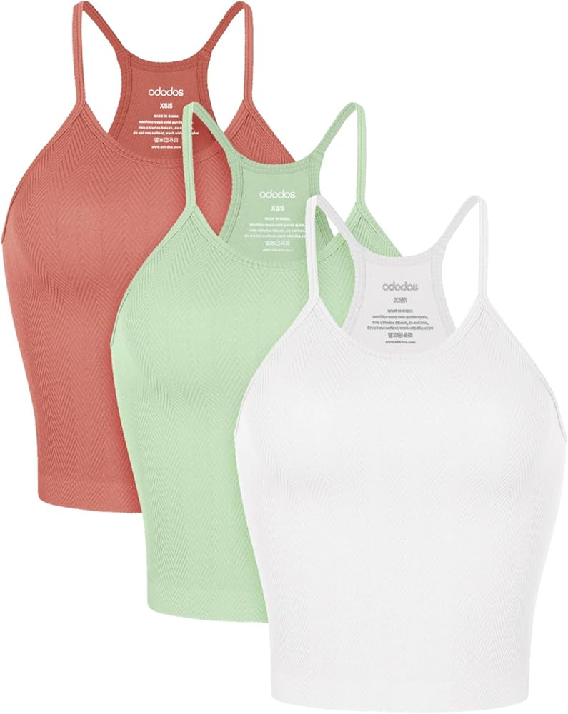 ODODOS Women's Crop 3-Pack Waffle/Herringbone Knit Seamless Camisole Cropped Tank Tops | Amazon (US)