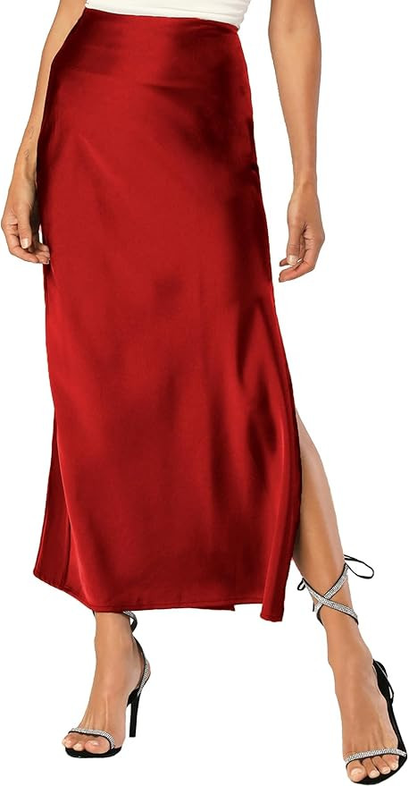 Womens Satin Silk Maxi Slit Skirt Elastic Waistband Maxi Long Satin Slit Skirts for Women | Amazon (US)