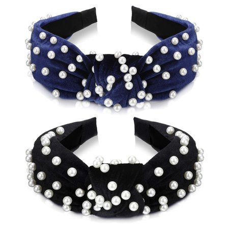 2 Pieces Twisted Faux Pearl Headband Velvet Wide Headband Cross Knot Beading Tie Head Wrap Vintage T | Walmart (US)