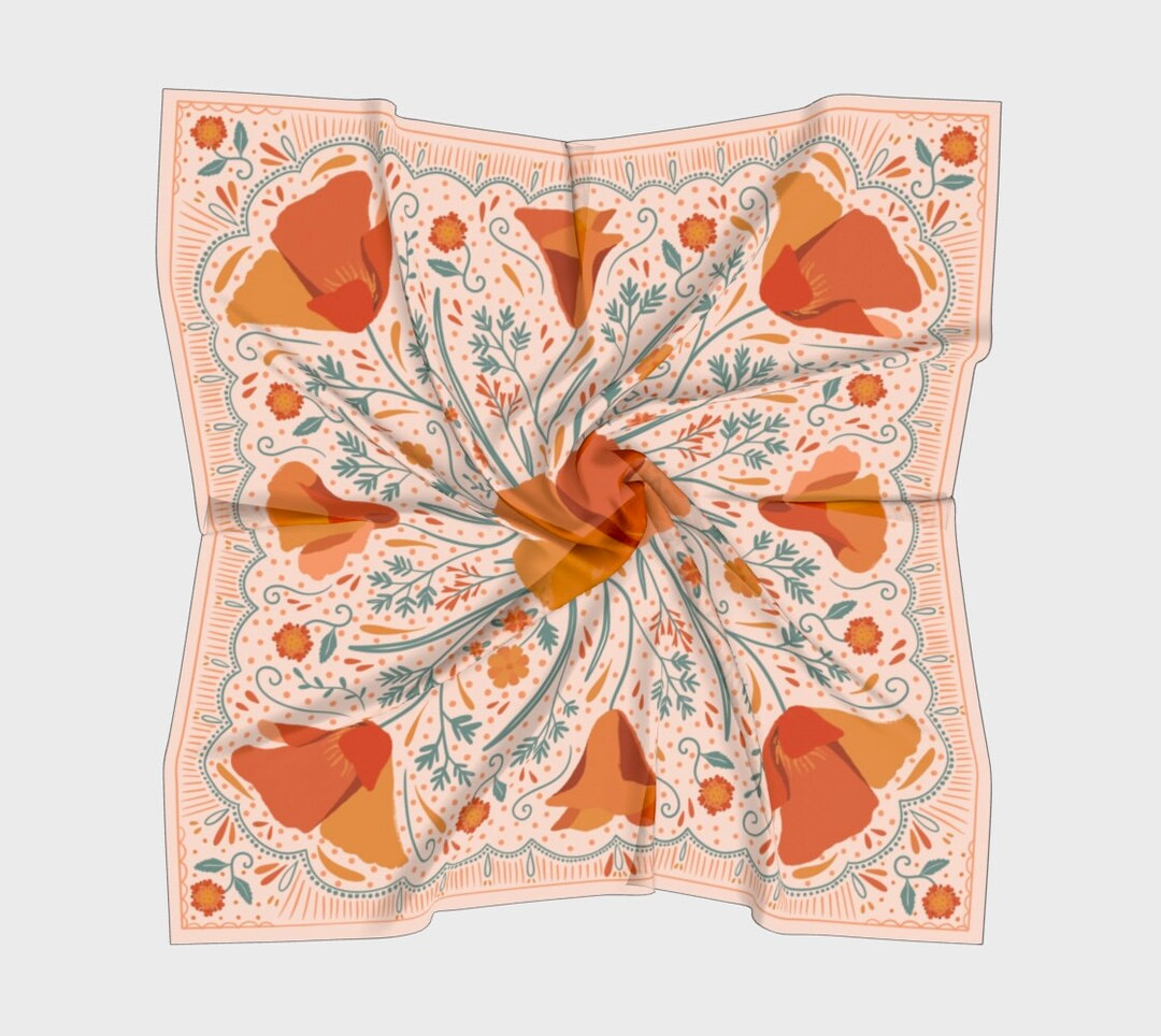 Silk Scarf - Orange Poppies & Wildflowers | Etsy (US)