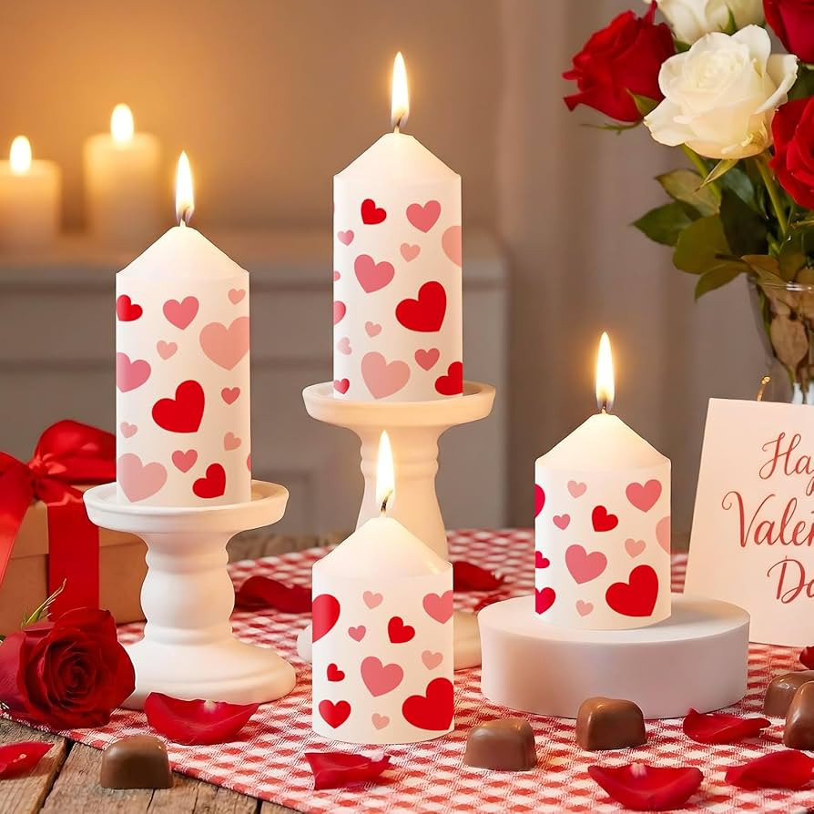 Lyrow 4 Pcs Valentine's Day Heart Pillar Candle 2 x 4‘', 2 x 3'' White Unscented Heart Patterns... | Amazon (US)