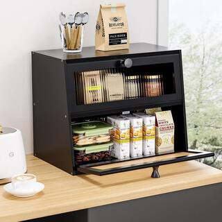 1-Piece Extra Large 2-Layer Black Wooden Farmhouse Bread Box with Acrylic Window for Kitchen Countertop Storage Set | The Home Depot