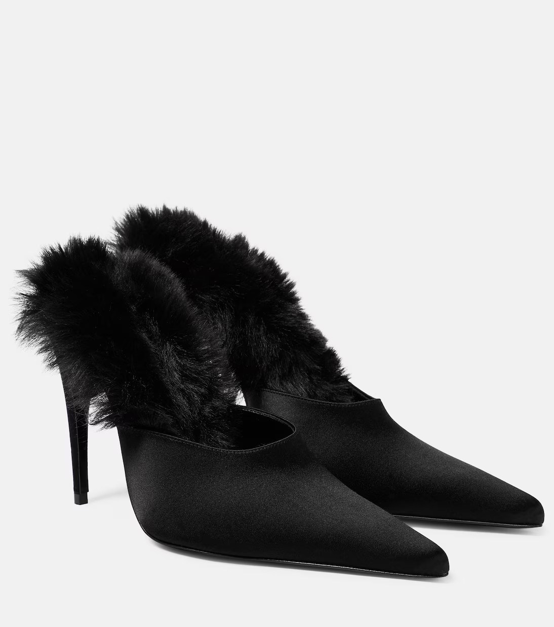Faux fur-trimmed satin mules | Mytheresa (US/CA)