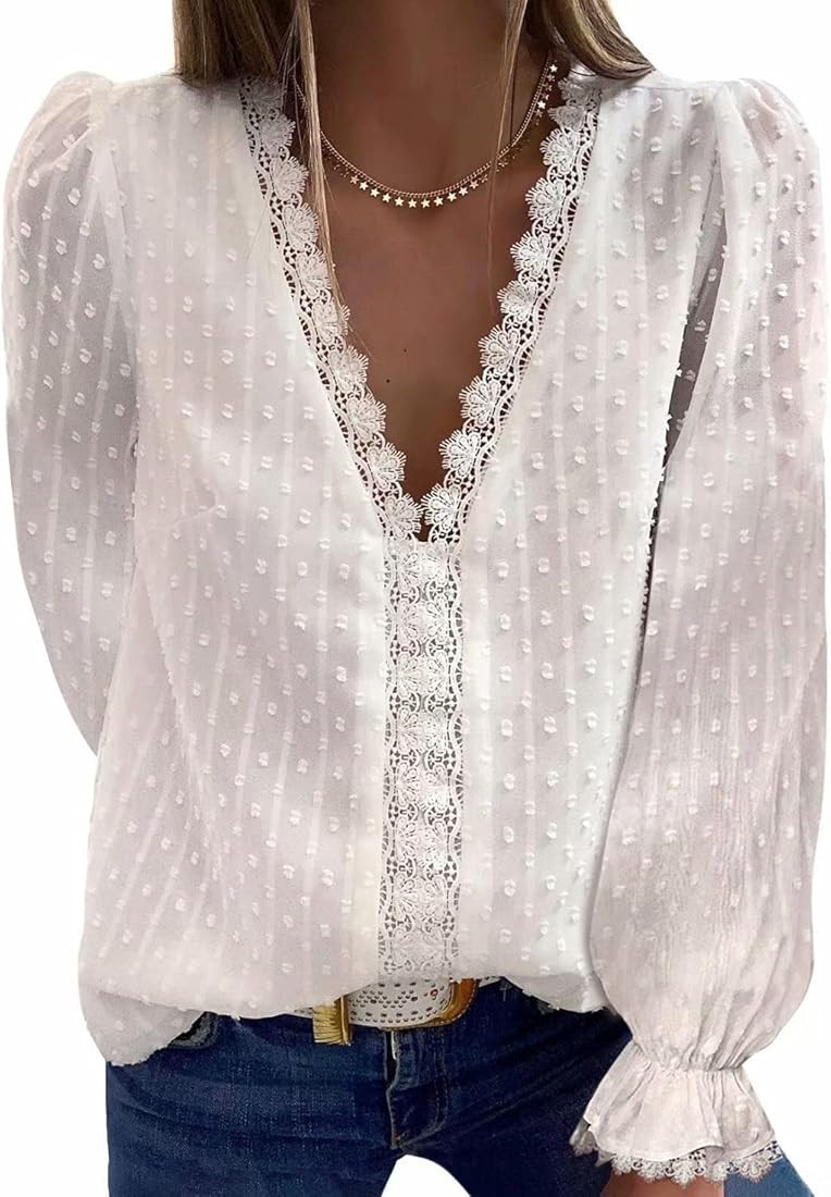FARYSAYS Womens Long Sleeve Lace Tops V Neck Polka Dot Blouses Shirts Flowy Tunic | Amazon (US)