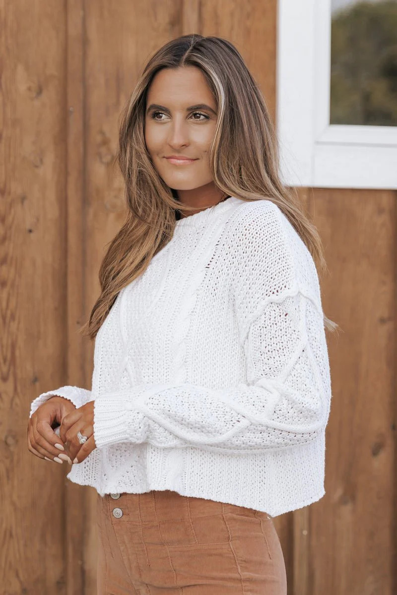 White Raw Edge Cable Knit Sweater | Magnolia Boutique | Magnolia Boutique