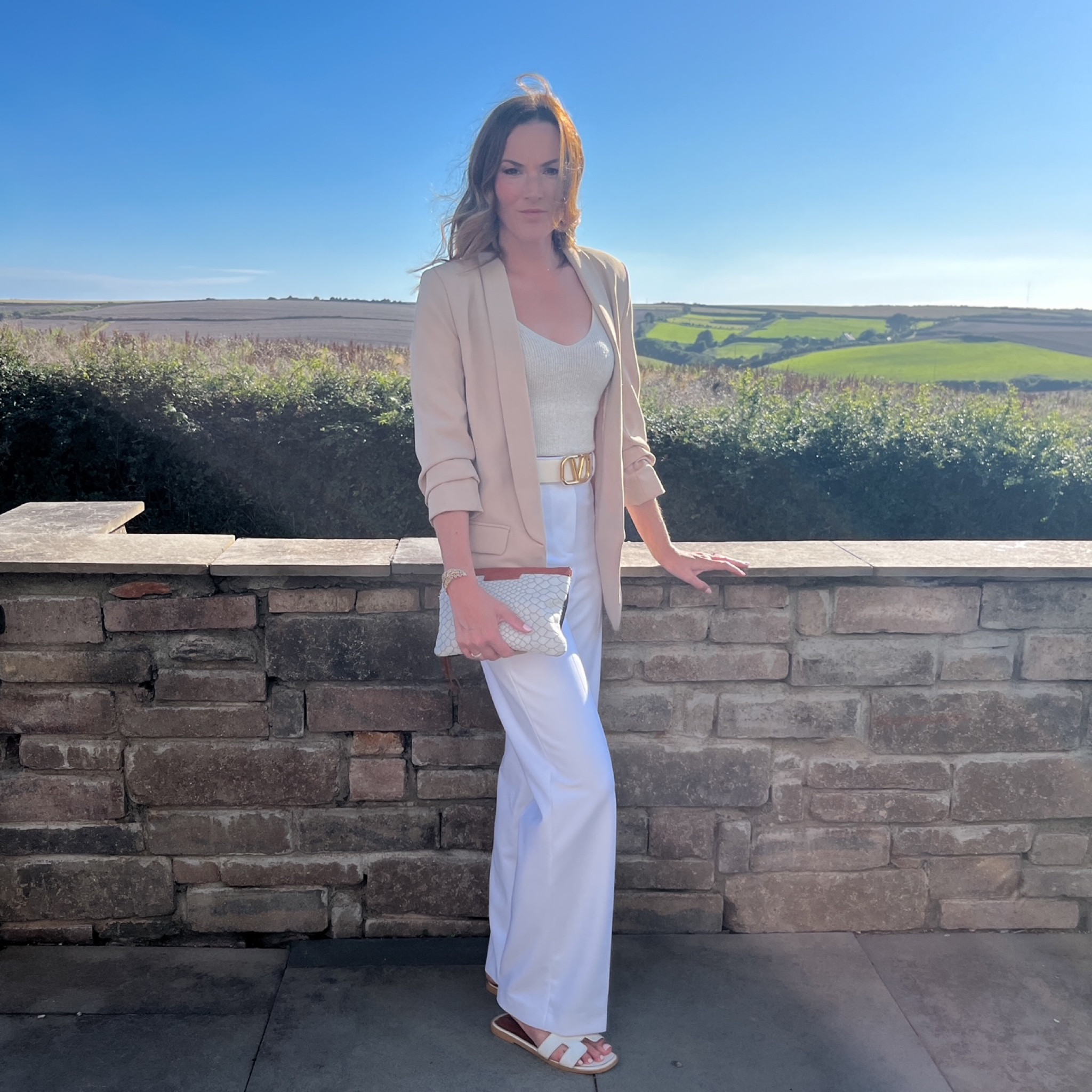 Nude blazer, Ribbed top, white trousers, pastel belt, white brown clutch bag, white sandals 

#LTKSeasonal #LTKstyletip #LTKeurope