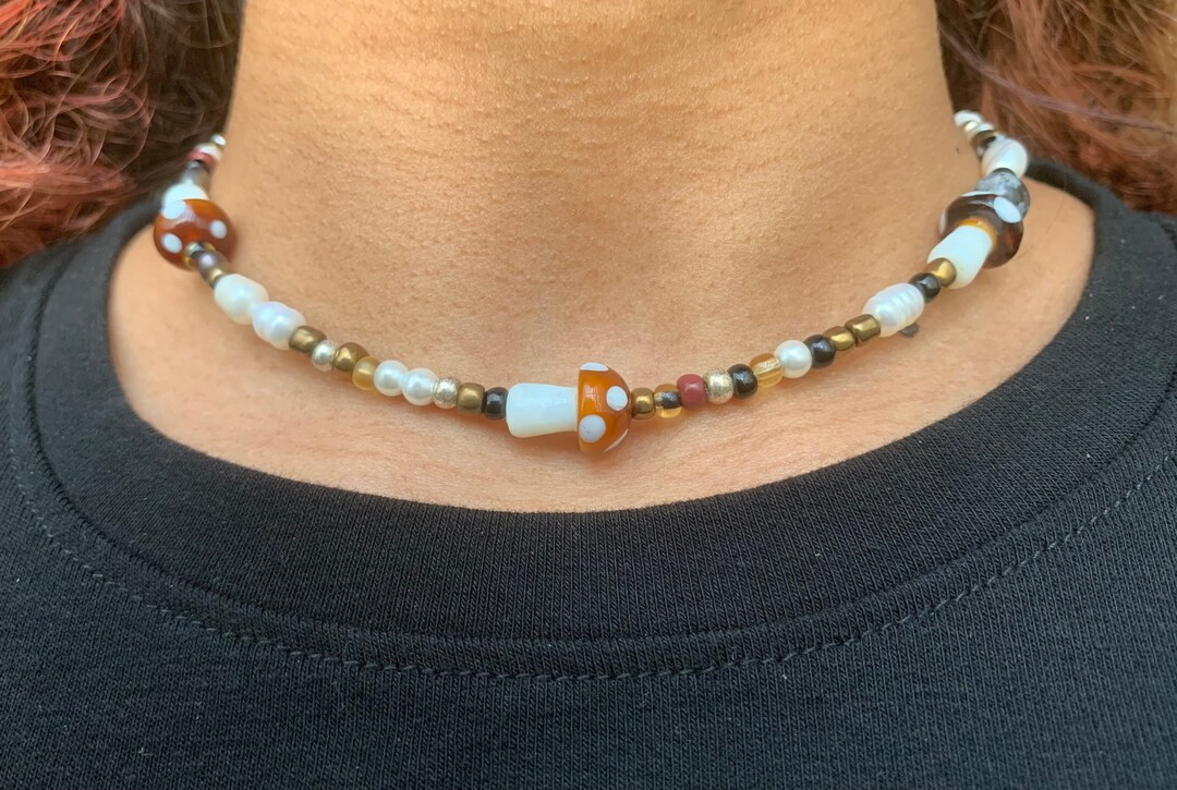 Mushroom Choker with Freshwater Pearls, Brown Seed Beads | Etsy (US)