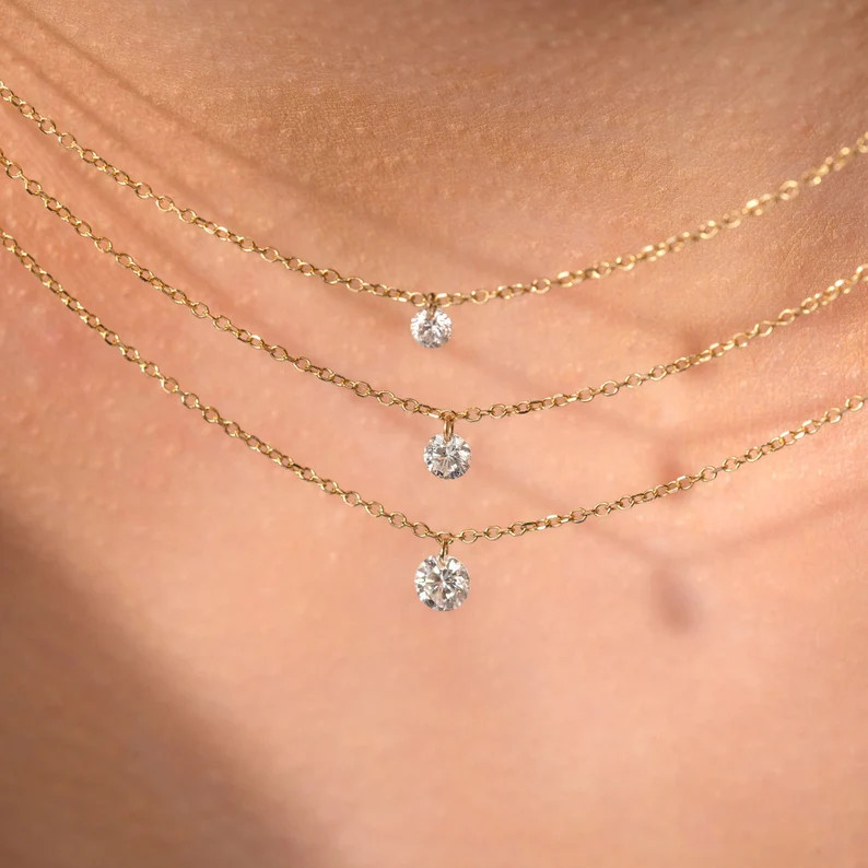 14K Solid Gold Diamond Solitaire Necklace, Dainty 360 Diamond Necklace, Drilled Diamond Necklace,... | Etsy (US)