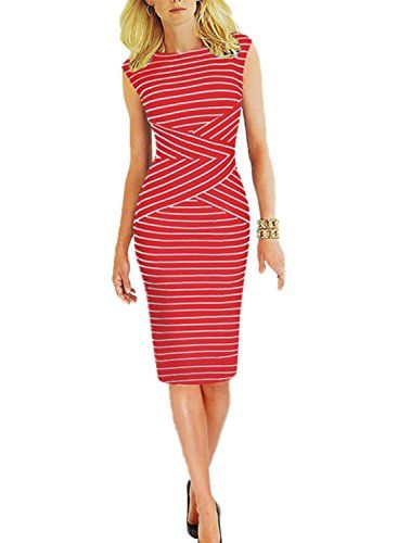 Viwenni Women's Summer Striped Sleeveless Wear to Work Casual Party Pencil Dress, Medium, Red | Amazon (US)